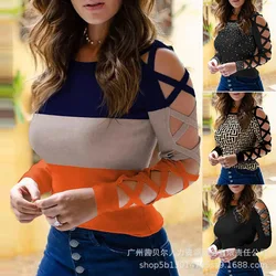 Women Print Splice T Shirt Round Neck Full Sleeve Crisscross Tops Pullovers Casual Shirts Regular Elegant Lady Autumn Winter