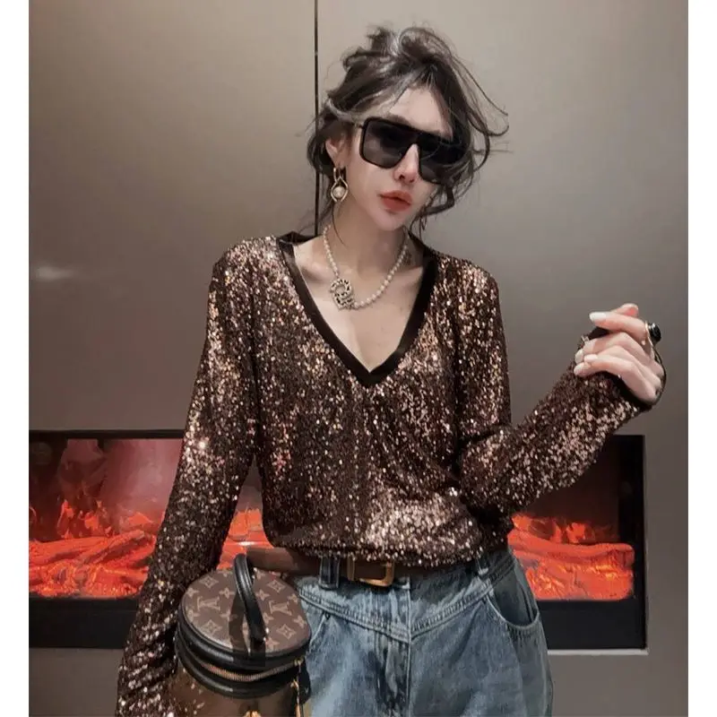 Blouse T-shirt Women's Spring/Autumn Slimming Sequins Melange Stylish V-neck Long Sleeves Casual Versatile Fashionable Elegant