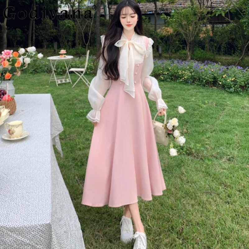 ربيع الخريف حجم كبير الحلو الوردي القوس عالية الخصر ألف خط فستان موضة الحد من العمر الشاش الربط وهمية قطعتين فساتين طويلة #1