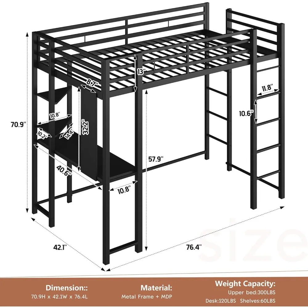 Loft Bed Twin Size with Desk and Storage Shelves, 2 Side Ladders for Kids, Teens Adults, Spcace-Saving and Anti-tilt Design