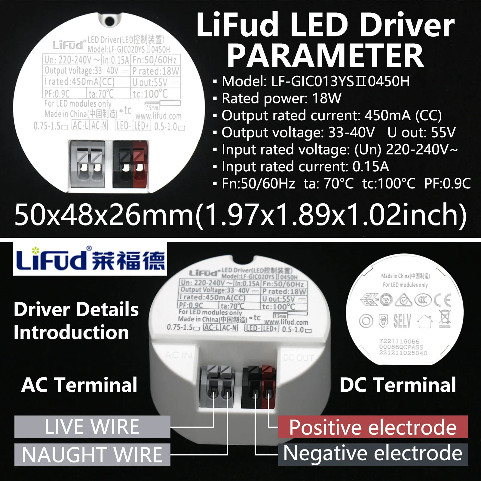 Lifud LED Driver 27-40V 250mA 300mA 350mA 450mA 500mA 750mA 1000mA LED Power Supply Transformer CE CB TUV SAA RCM Certification