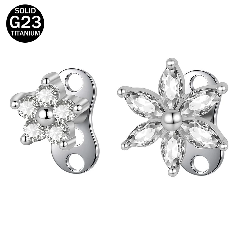 14G Cubic Zirconia Flower Dermal Anchor Top Base Internally Threaded Crystal Floral Microdermals Stud Body Piercings Jewelry 1Pc