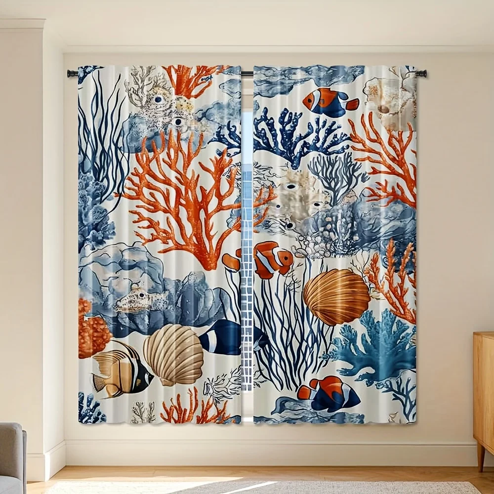 Tropical Ocean Coral Curtains Sea Reef Marine Life Drapes Coastal Nautical Window Panel Bathroom Shower Decor