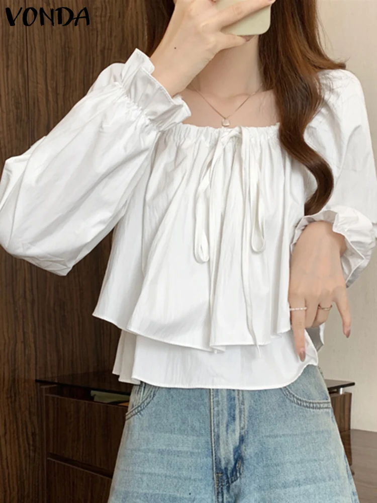 VONDA Women Long Puff Sleeve Tops 2024 Fashion Square Neck Solid Color Ruffled Blouse Double Layer Elegant Casual Loose Shirts