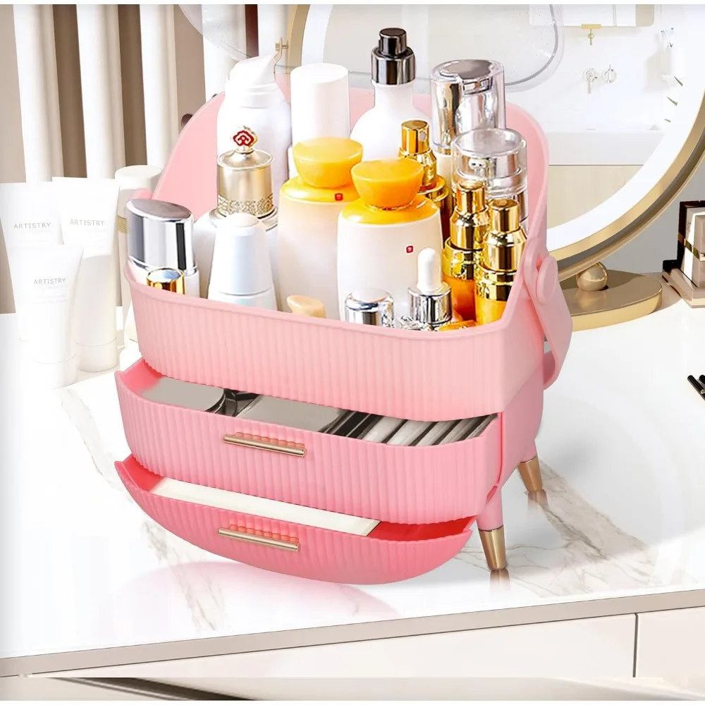 Triple Pink Makeup Organizer with Drawers, Large Capacity Cosmetic Storage Case for Skincare Jewelry Display