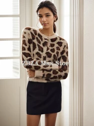 ZBZA Women's Leopard Print Knitted Jacket Round Neck Single Breasted Long Sleeved Slim Fit Jacquard Cardigans Winter Chic Coat