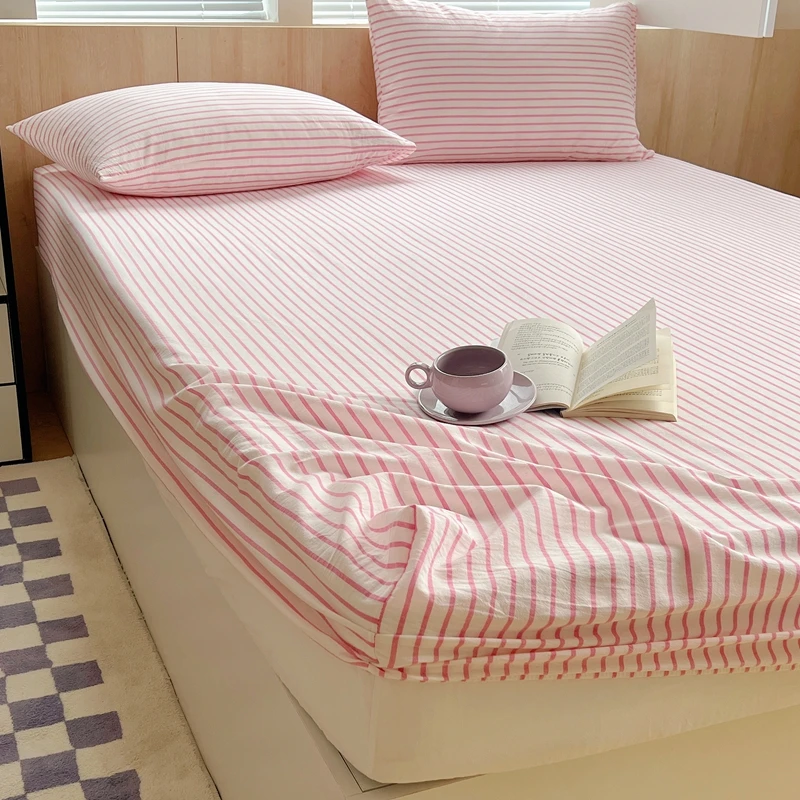 Bonenjoy 1pc Fitted Sheet 100% Cotton Bed Linen Stripe Style Bedsheets постельное белье Adults Kids Bed Cover (No Pillowcase)