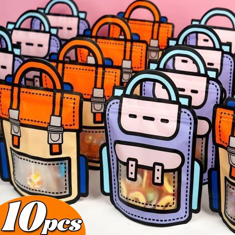 10/1pcs Cartoon School Bag Shape Cookie Candy Snack Plastic Zipper Handbag Gift Packaging Bags for Birthday Party Decor Supplies