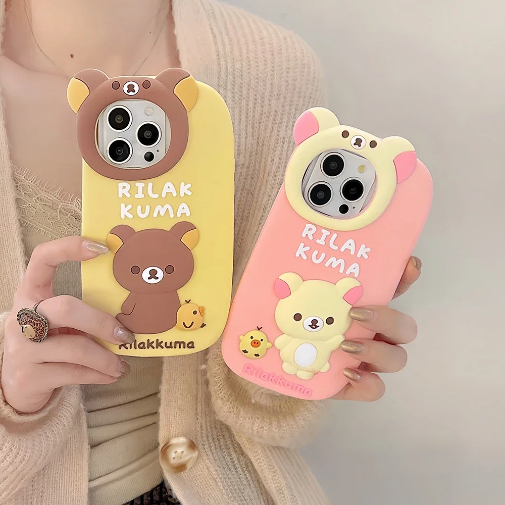 

3D Cartoon Stereo Rilakkumas Bear Lens Phone Case for IPhone 16 15 14 13 12 11 Pro Max Soft Silicone Back Cover Funda