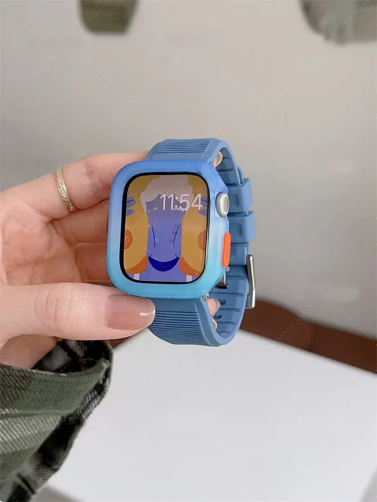 New Sports Silicone Strap + Gradual Change Case For Apple Watch Band Ultra2 49mm 45 44 42 Correa Band For Iwatch Series 9 8 SE 7