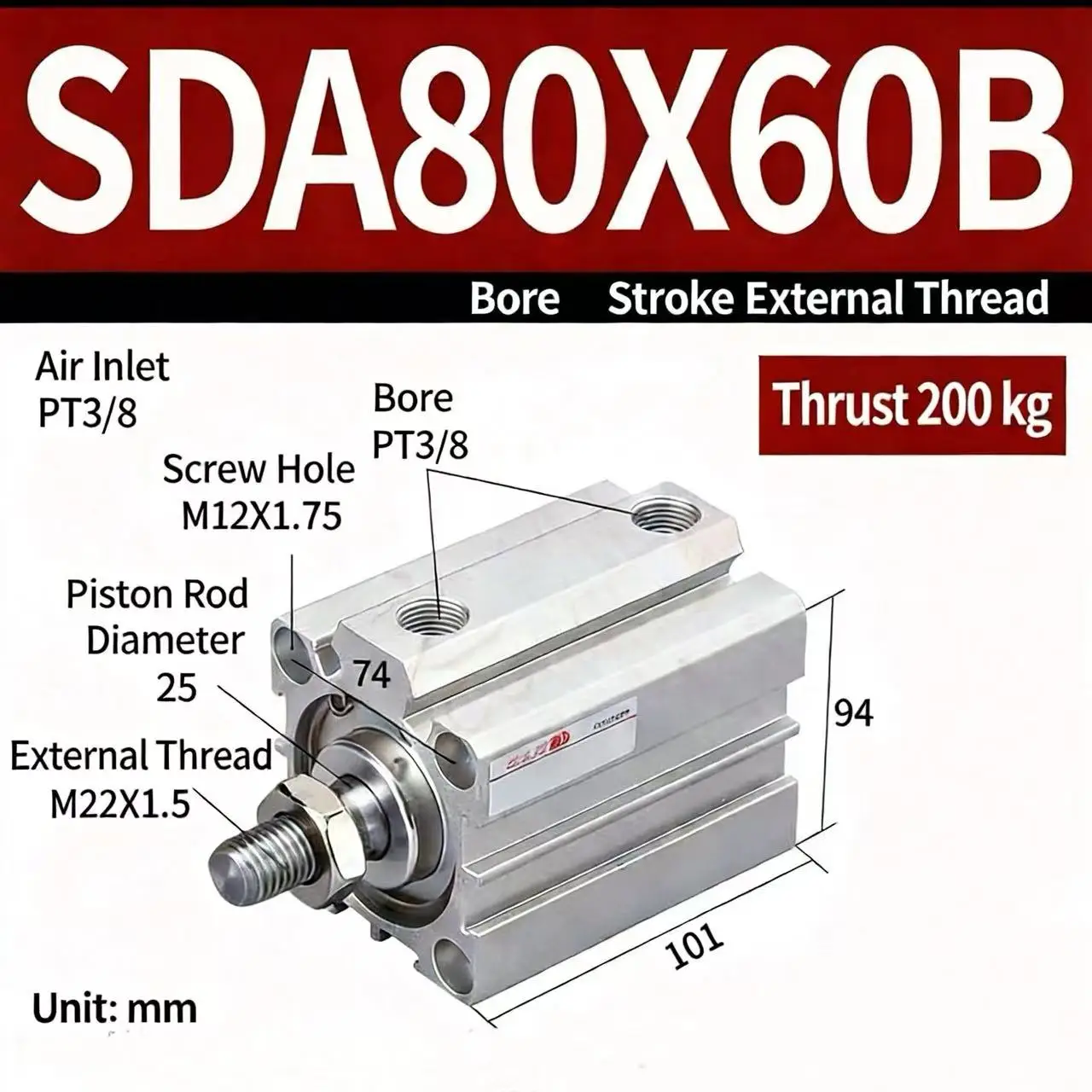 

#SDA80X60B Compact Pneumatic High-Thrust SDA Thin-Profile Cylinder External Thread