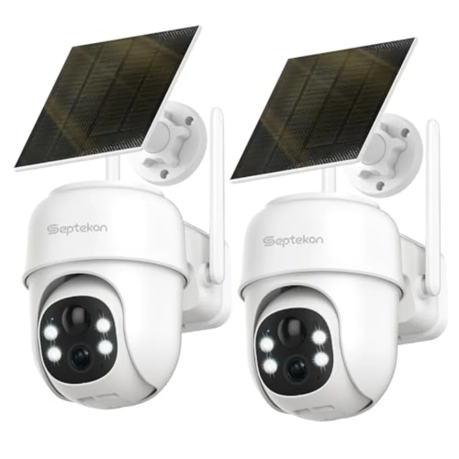 

360°PTZ Security Cameras Wireless Outdoor 2 Pack, 2K Solar Battery Powered Cameras, 2.4G WiFi Camera with Spotlight, Motion Det
