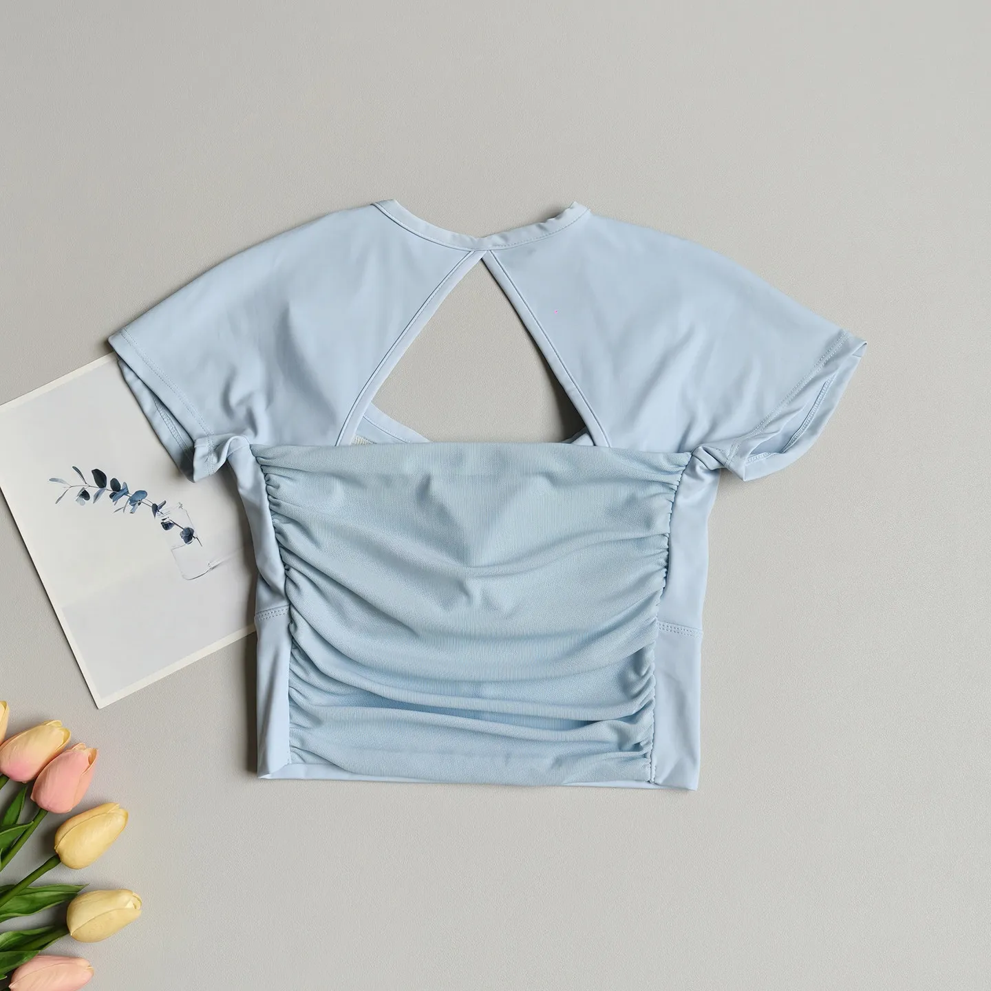 Damen Yoga-Shirt mit Polsterung, Kurzarm, Atmungsaktiv, Schnelltrocknend, Mesh, Schöner Rücken, Feste Cups, Pilates-Trainings-Oberteil, Laufshirt – Detail 4