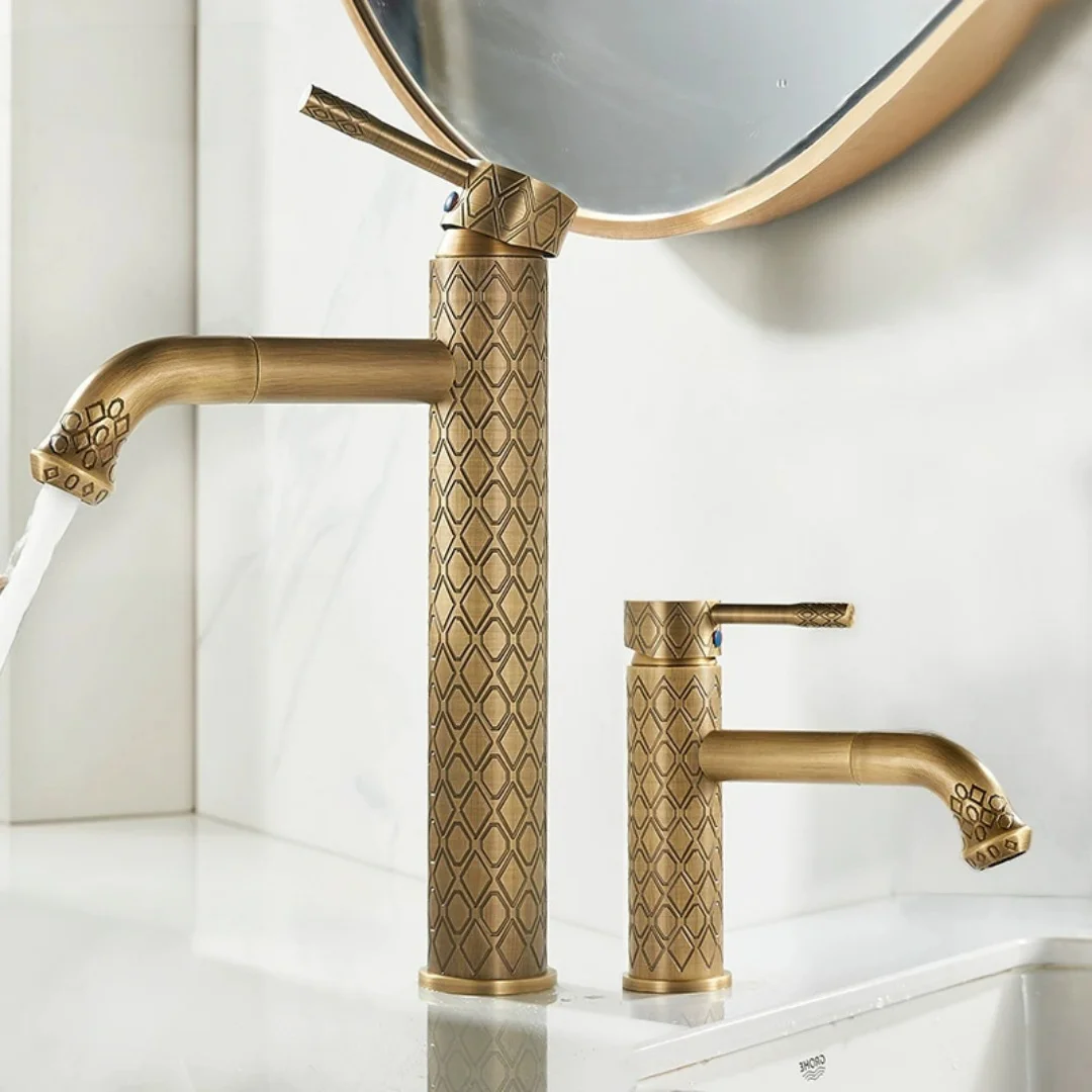 Brushed Gold Bathroom Faucet Antique Carved Basin Faucet Hot Cold Chrome Lavotory Faucet Brass Sink Faucet Mixer Water Faucet