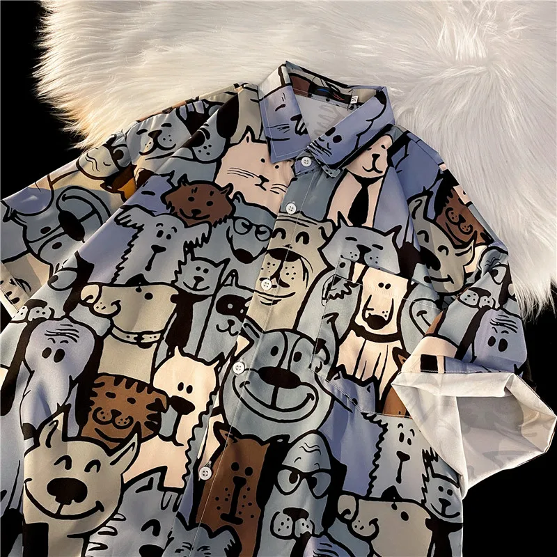 

Мужская рубашка свободного кроя с мультяшным принтом, модный дизайн для пар, молодежный стиль, весна-лето, не требует глажки.