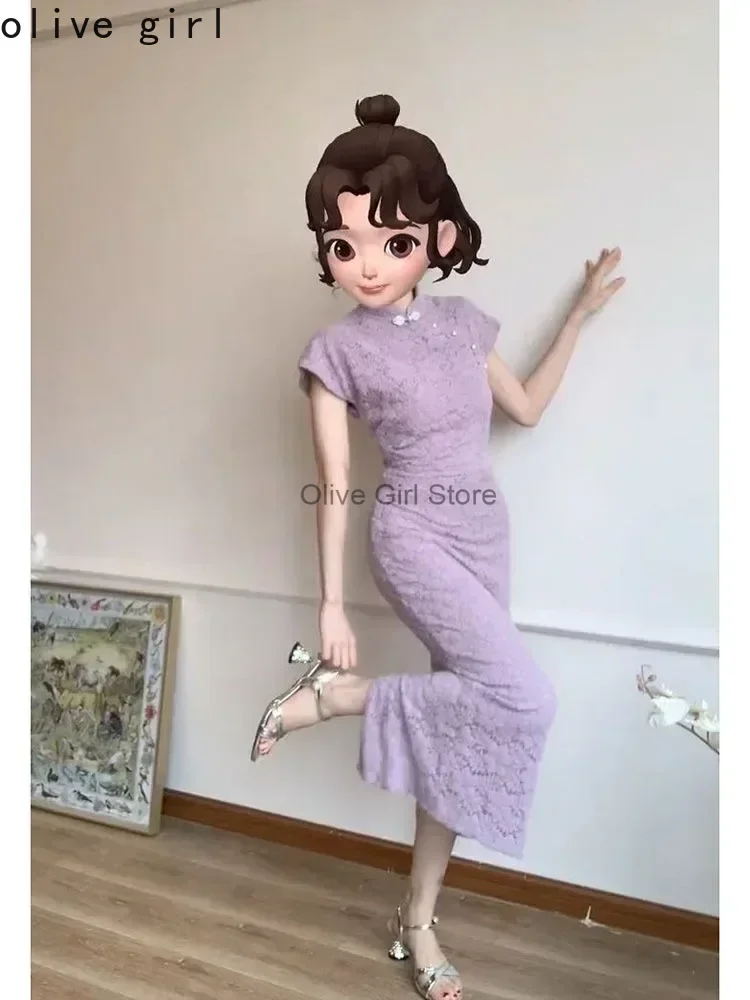 Purple Qipao 2025 Lace Sexy Cheongsam Chinese Dress Flower Summer Short Sleeve Traditional Girl Elegant Women's Clothing