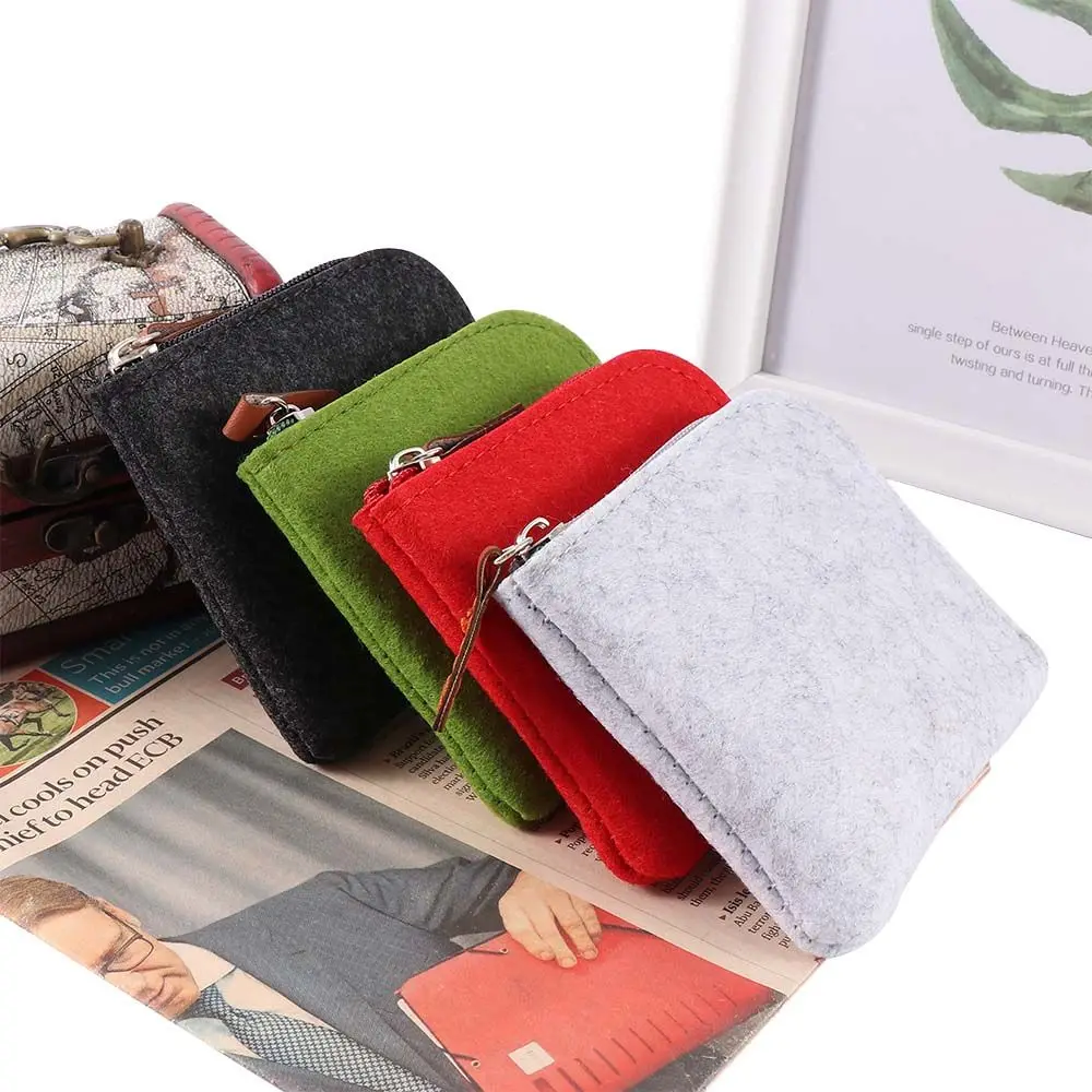 Zipper Closure Portable Felt Storage Wallets Square Shape Design Cash Holder Wallet Key Bag Change Purse Money Bag Coin Purse