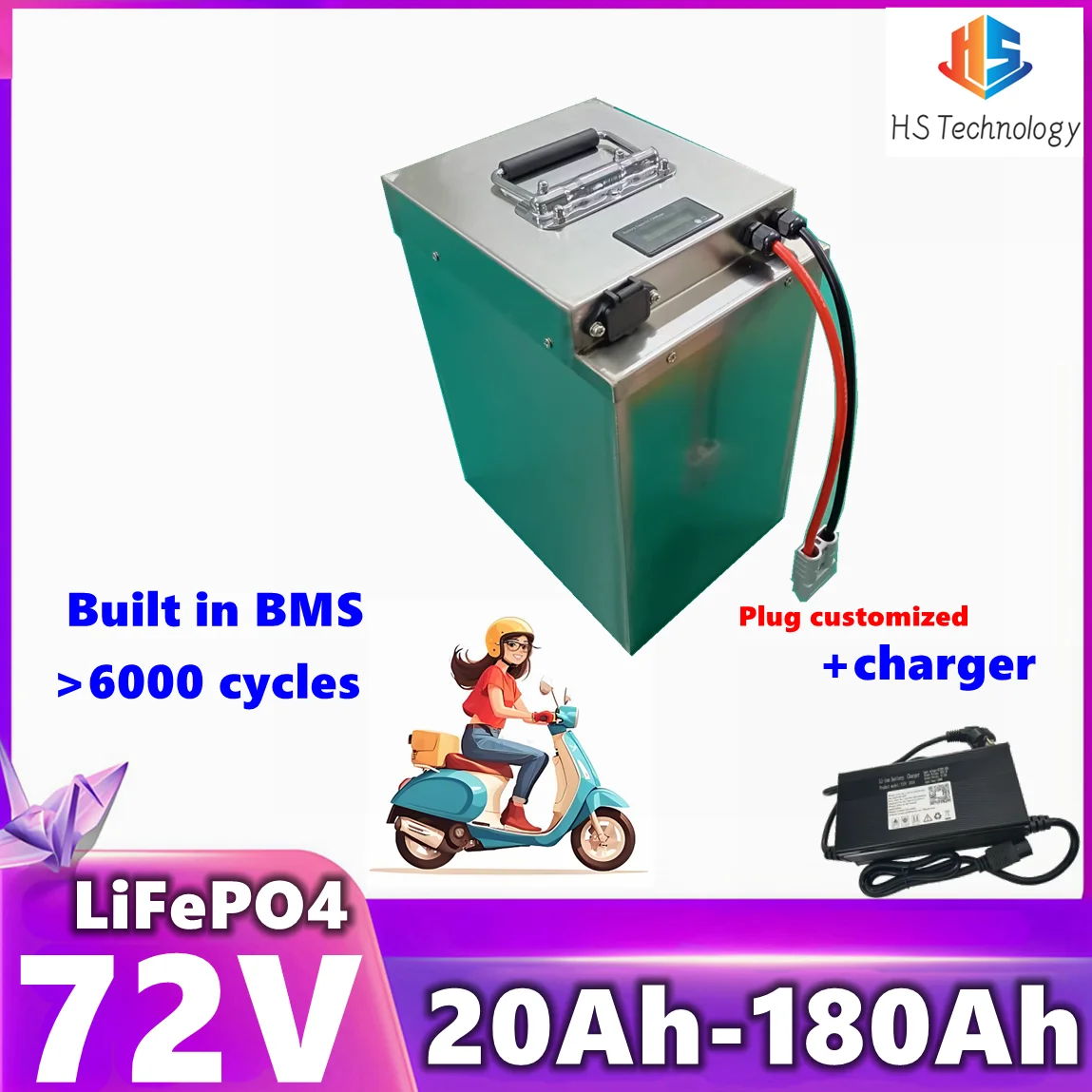 

LiFePO4 72V 40ah 60ah 80ah 100ah 120ah 150ah 180ah lithium battery +BMS for 500W 800W 1000W 1500W 2000W 3000W EV scooter
