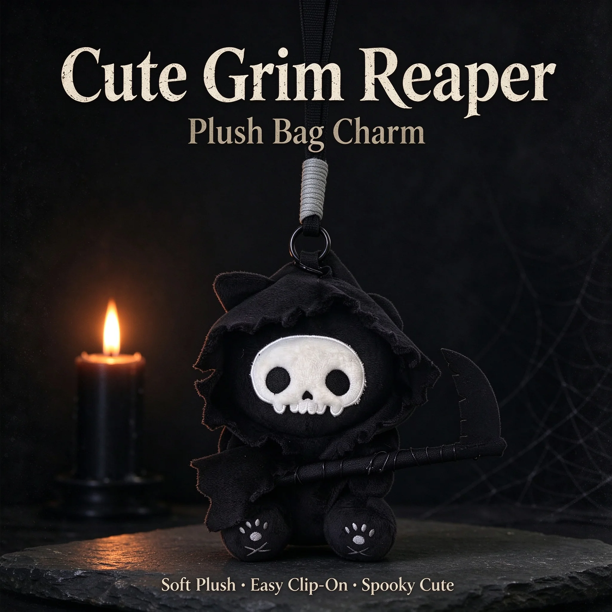 Grim Reaper Black Cat Plush Bag Charm Creative Spooky Stuffed Pendant For Backpack Purse Decor Gift Collection