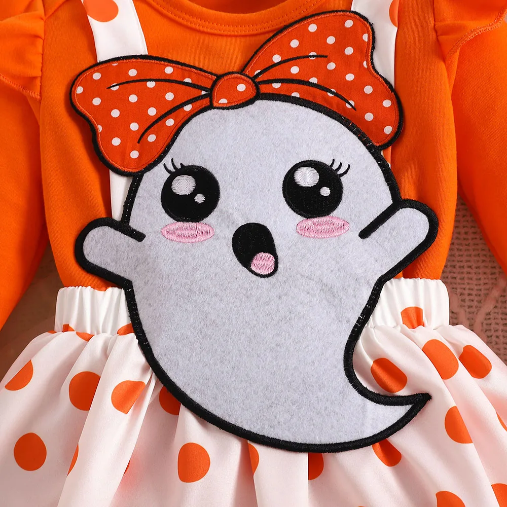 3pcs Halloween Infant Baby Girls Clothes Cute Ghost Embroidery Suspender Dress Solid color Bodysuit suit with headwear