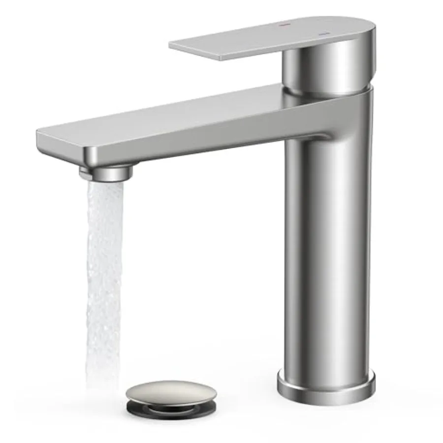

Brushed Nickel Bathroom Faucet 1 Hole Single Handle with Deck Plate and Pop Up Drain CUPC Certified Hoses for One Handle Vanity