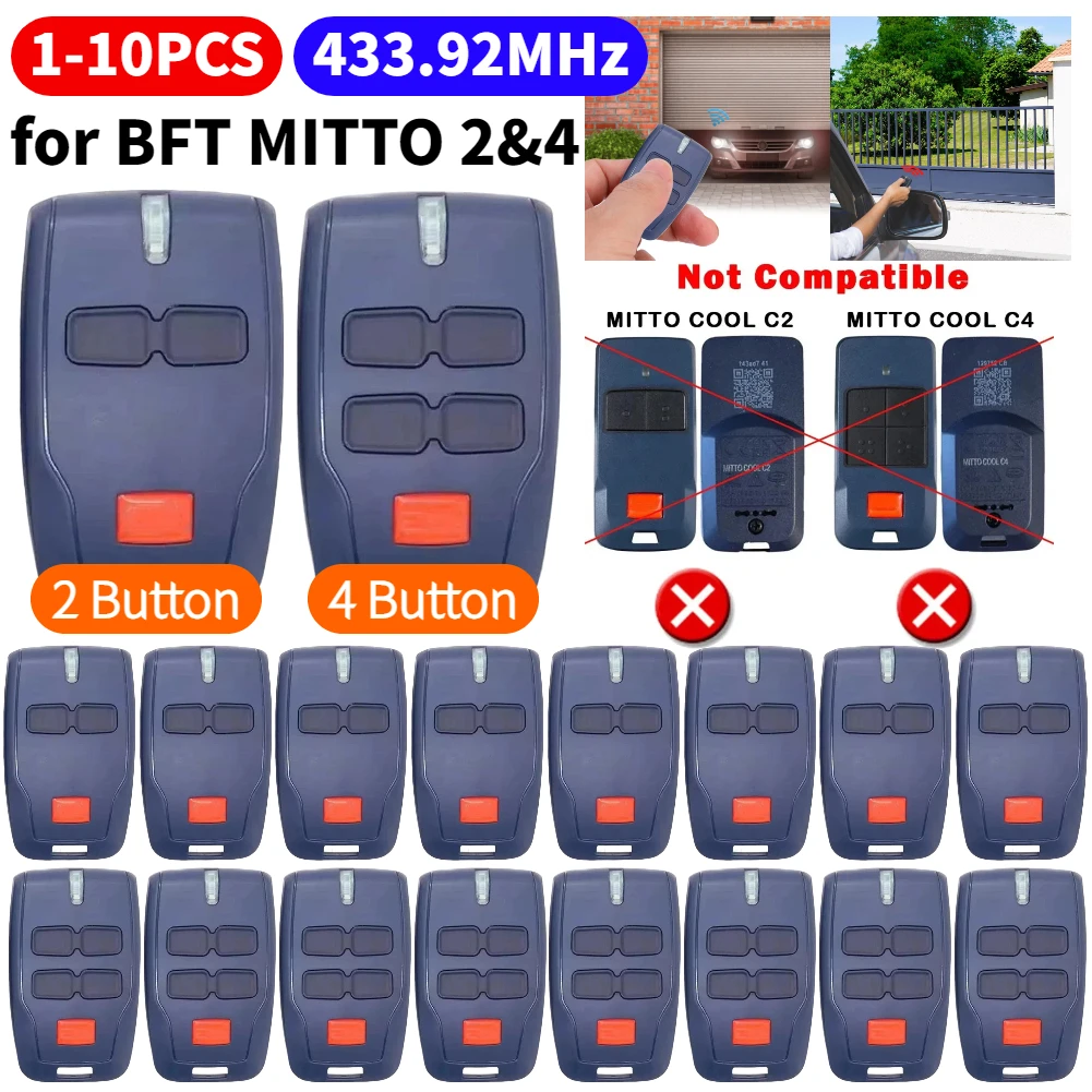 

1-10Pcs 433.92MHz Remote Control Rolling Code Garage Door Opener for BFT MITTO2 RCB 2 4 MITTO4 433.92MHz Driveway Gate Opener