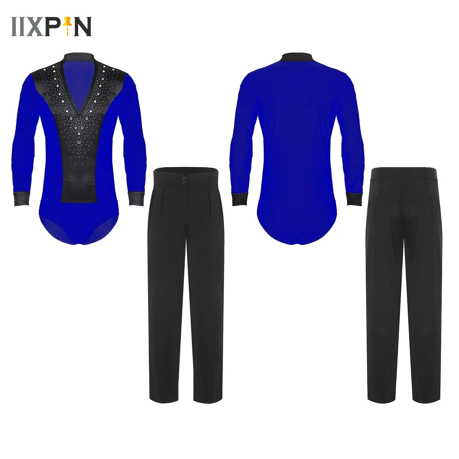 

Mens Latin Jazz Dance Leotard Shirt Bodysuit Shirt Top Rhinestones Gymnastics Figure Skating Ballroom Chacha Pants Costume