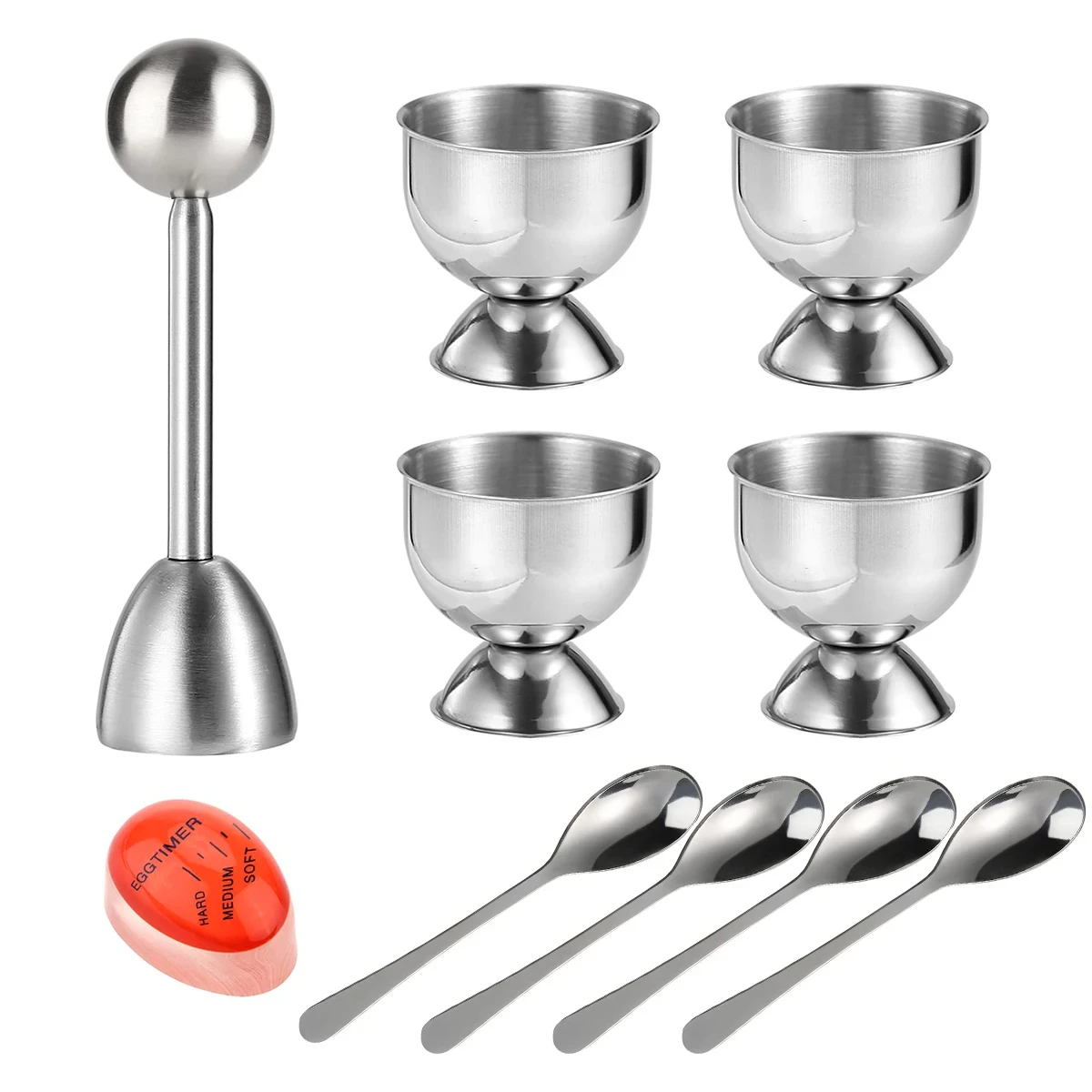 Egg Cracker Topper Set Stainless Steel Soft Hard Boiled Egg Separator Holder with Shell Opener Egg Timer Spoon Cups Kitchen Tool