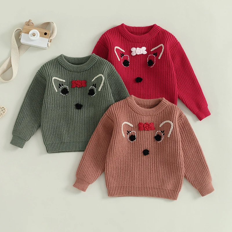 

Christmas Newborn Baby Boys Girls Sweaters Autumn Winter Kids Deer Embroidery 3D Bow Crew Neck Long Sleeve Pullover Knitted Tops