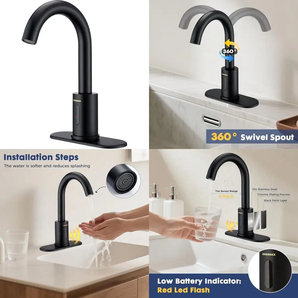 

Automatic Sensor Faucet, Tall & Swivel Spout, Touchless for 1 or 3 Hole Sinks, Deck Plate Included, Black