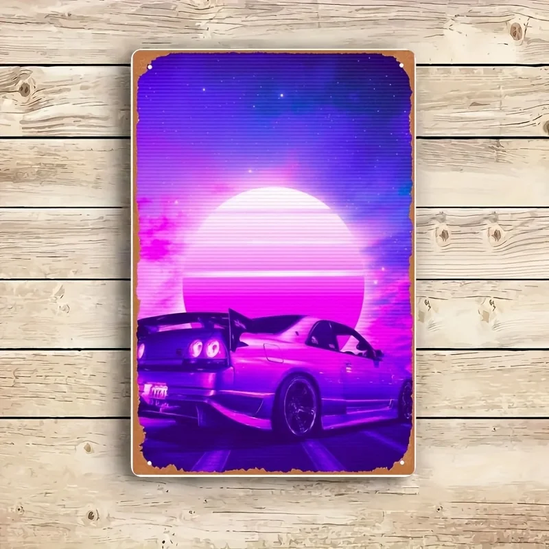 Sports Car Metal Wall Art - Retro Garage Decor with Purple & Blue Cosmic Background Heavy-Duty Iron Tinplate Plaque for Home, B