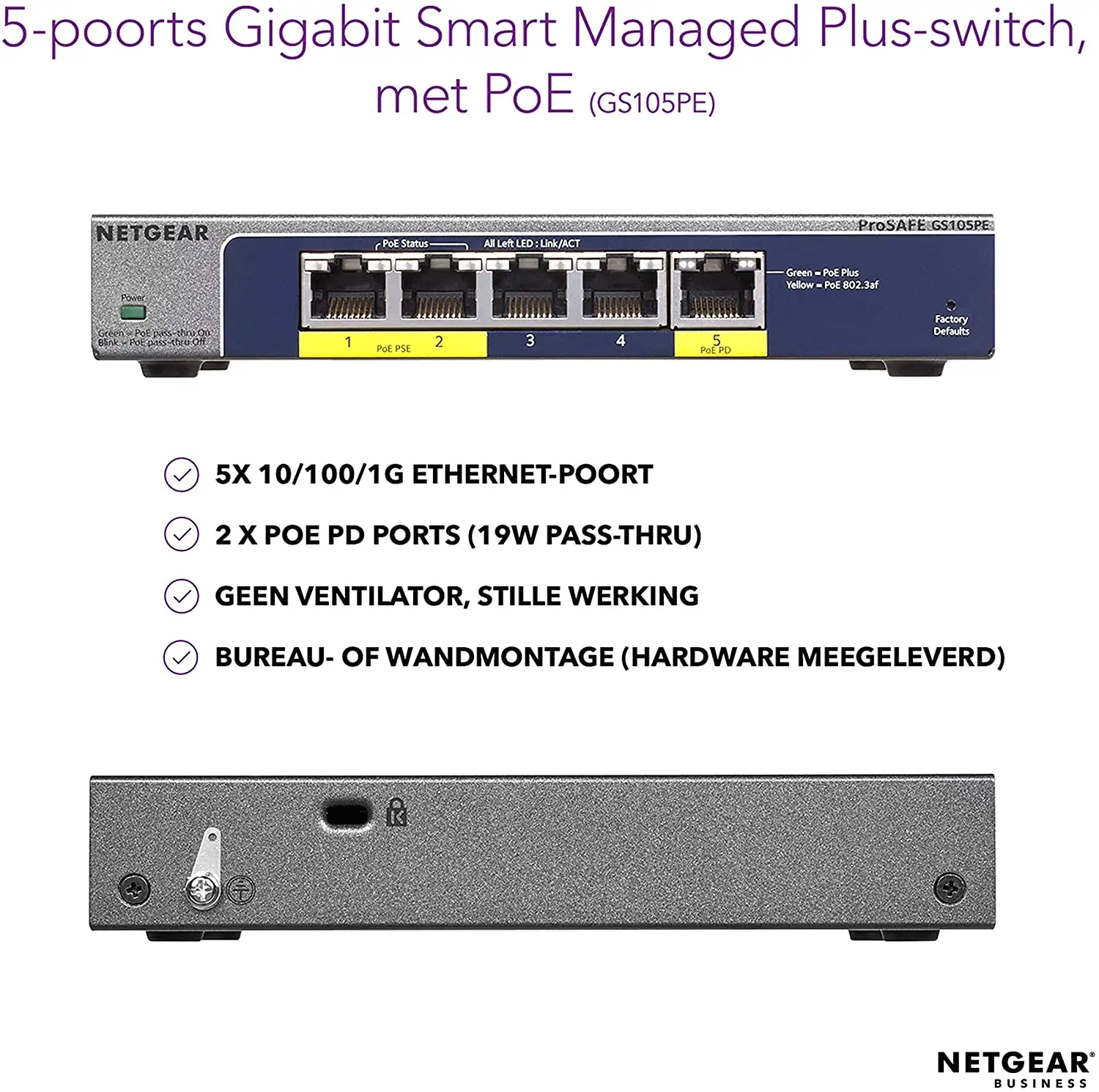 NETGEAR GS105PE Gigabit Plus Switch 5-Port Gigabit Ethernet Plus PoE Pass-Throu/PoE Power Down Switch With 2-Port PoE Out Ports