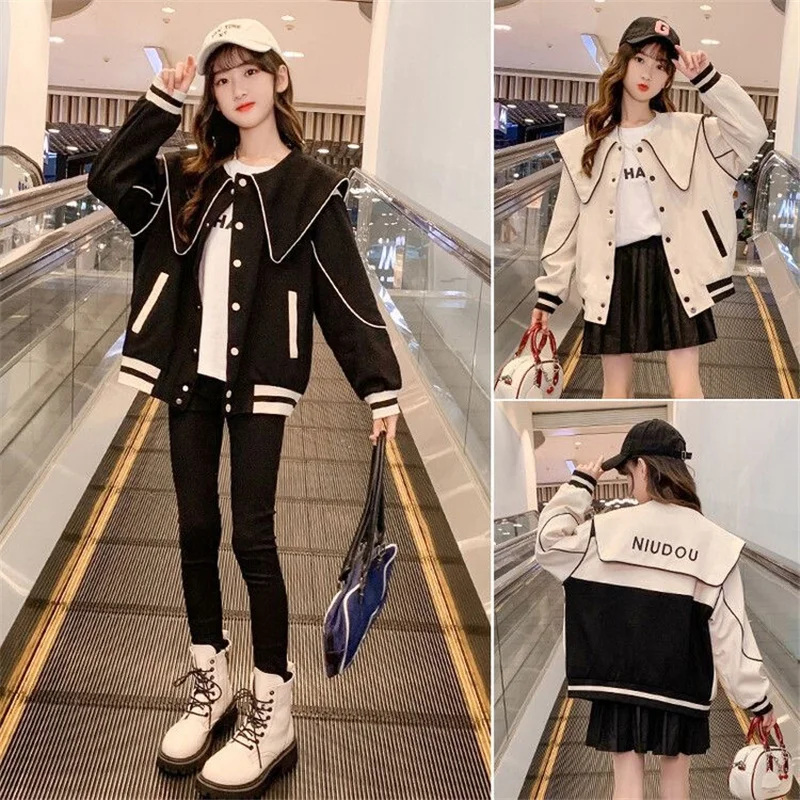 

Fashion Girls Lapel Jackets New Spring Casual Baseball Coats Kids Cardigan Thin Zipper Outerwear Teen Sport Clothes 5-14 Years