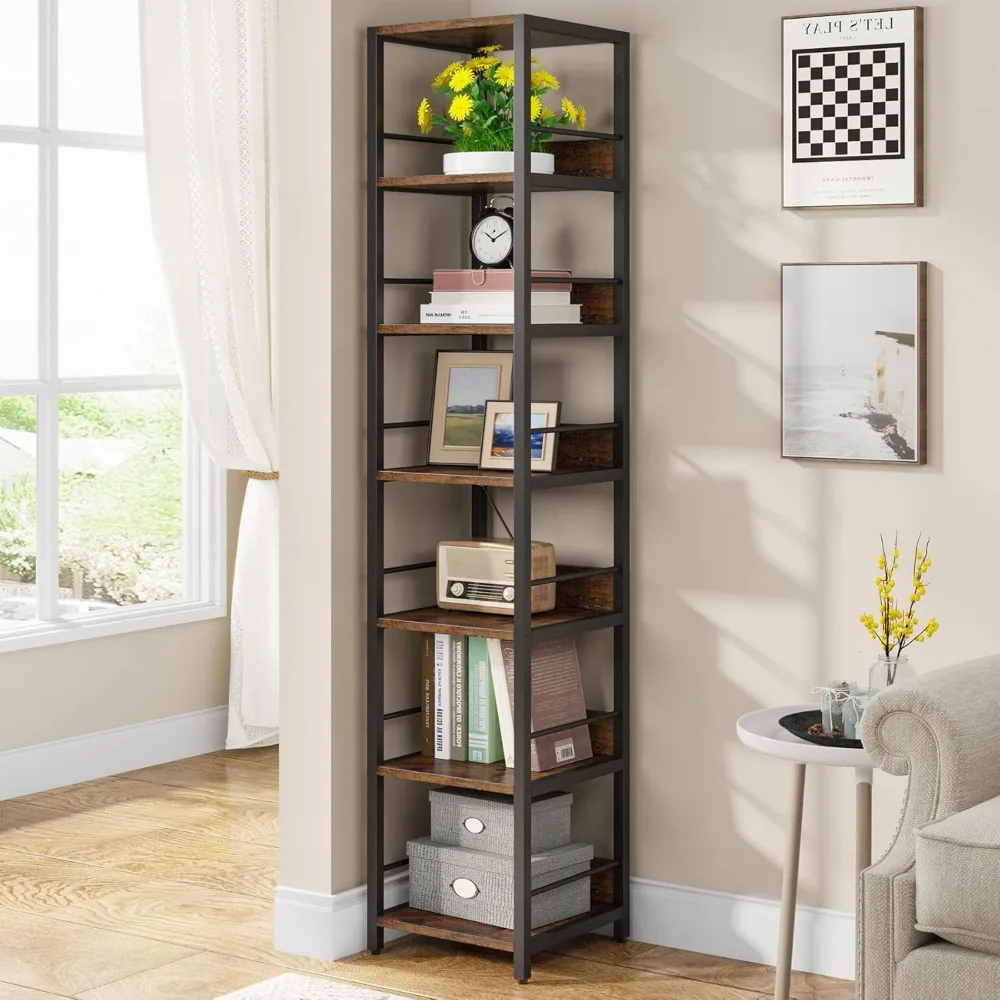 

6-Tier Corner Shelf - 75 Inch Tall Narrow Bookshelf Storage Rack, Rustic Etagere Shelves for Small Spaces Display