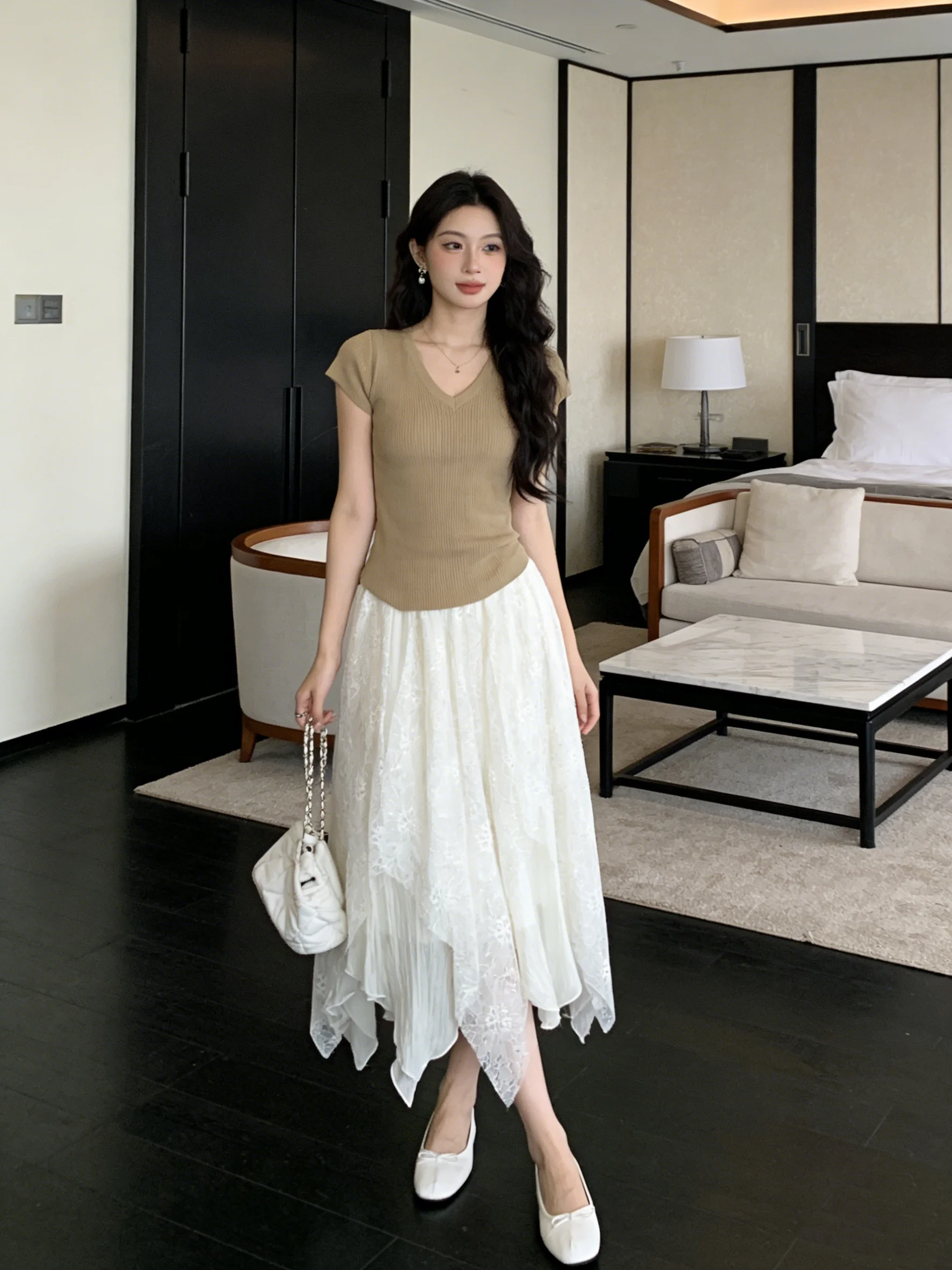 

Женская асимметричная юбка с высокой талией, дышащая, нежная, в корейском стиле, А-силуэт, миди, приятная к телу, весенне-летняя юбка