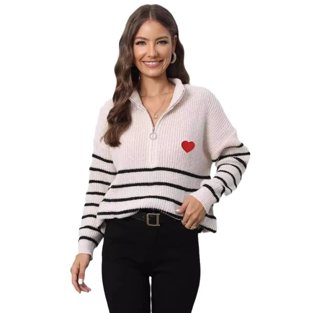 

Women's Striped Half Turtleneck Zipper Loose Fit Woven Sweater Pullover Top Fashionable Casual Style M61800