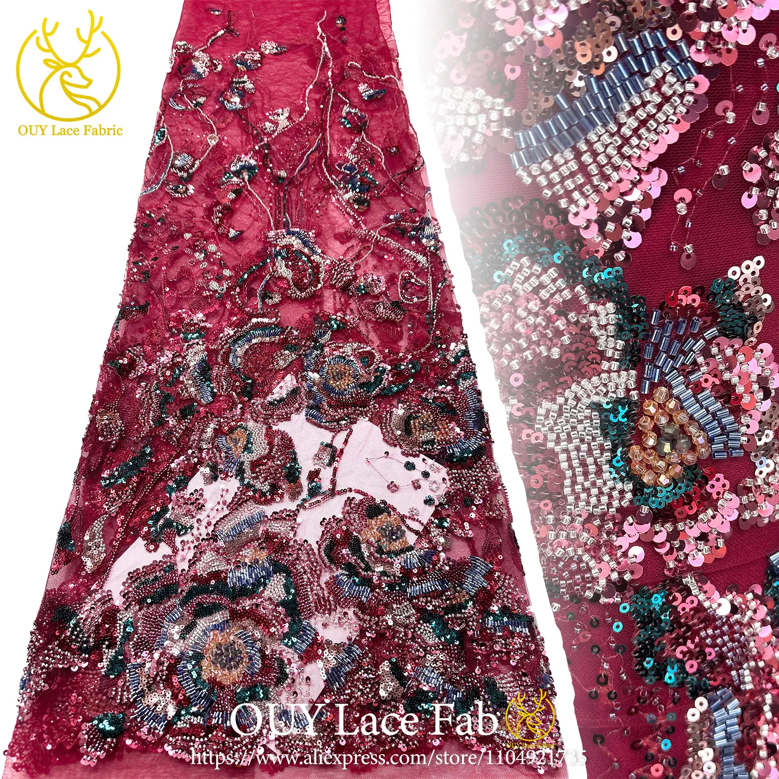 

Luxury French-Made Heavy Beaded Lace Fabric 2026 High-Quality African Nigerian Sequin Lace Fabric Wedding Gowns And Party Dresse