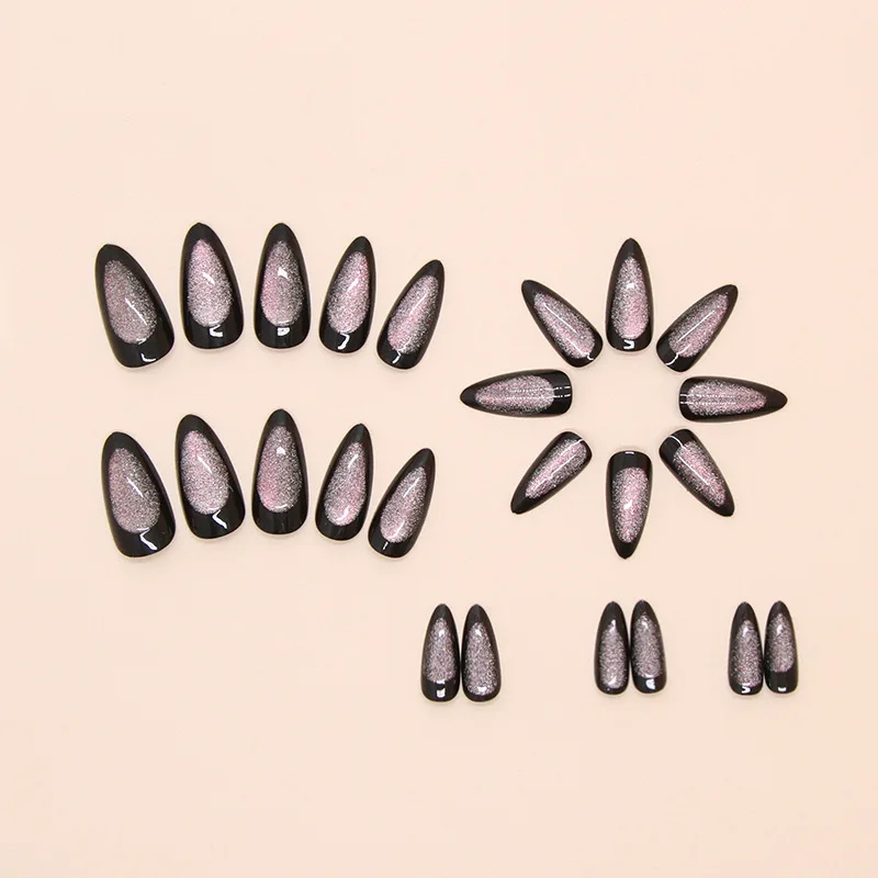 24pcs Glitter Cat's Eye False Nails Glossy Dark Black Style Florid Purple Color Press On Nail Artificial Fake Nail For Cool Girl