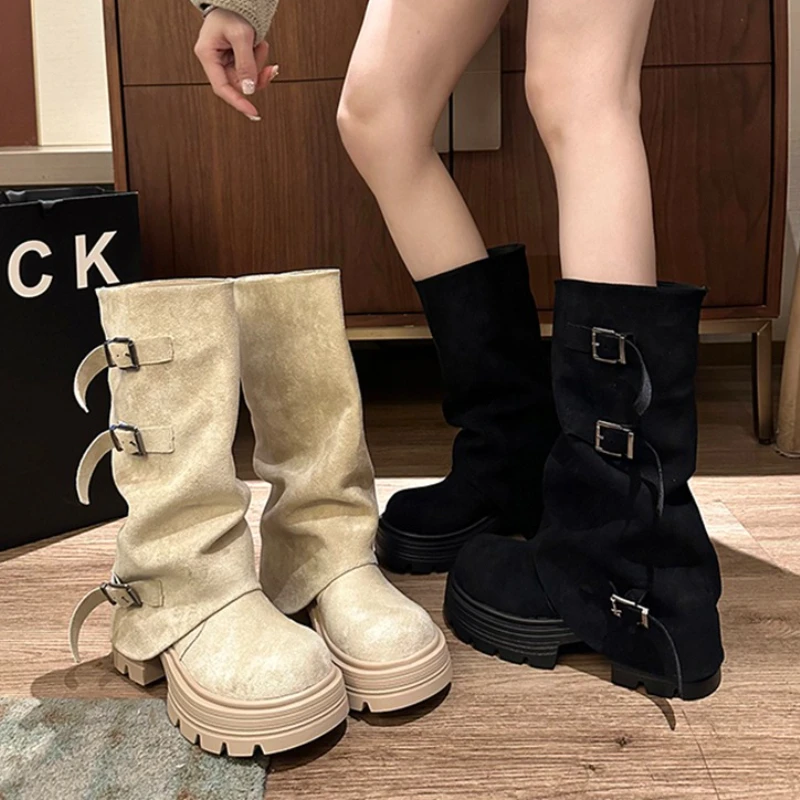 Botas de caballero de tacón grueso con plataforma a la moda de invierno para mujer, botines de media pantorrilla con hebilla de cinturón a la moda
