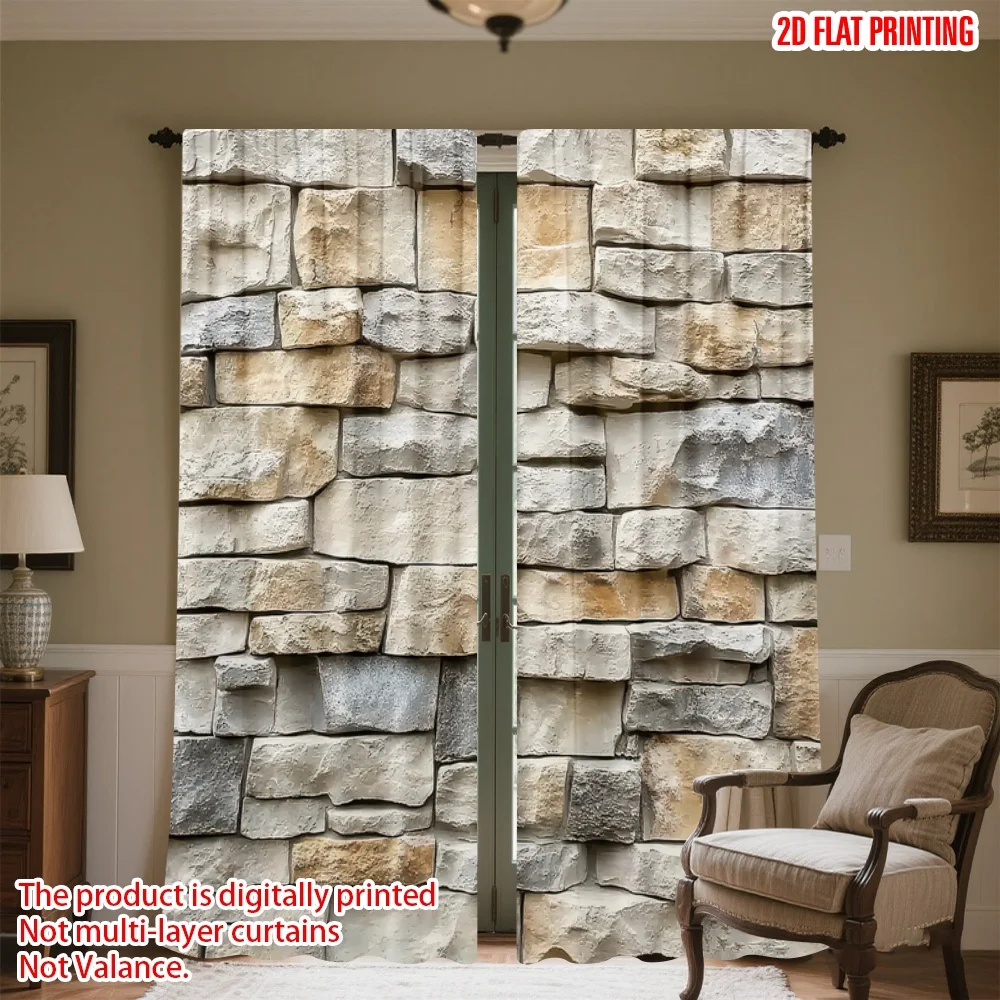

2D flat printing 2pcs Window Treatment Curtains Stacked Stone Bricks Digital Printed Polyester Drapes All Season Party & Holiday