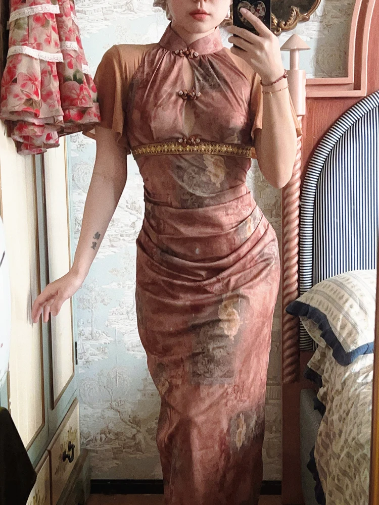 

Retro Carrot Embroidered Fable Cerc Glaze Elastic Splice Dr Long Qipao Gown ort Sve Women's Daily Wear Warmth Dr