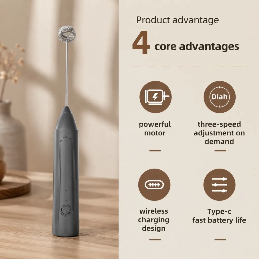 Electric Coffee Frother 2 In 1 Rechargeable Type-C Blender Stainless Steel 3 Speeds Milk Mixer Egg Beater Handheld Foam Maker