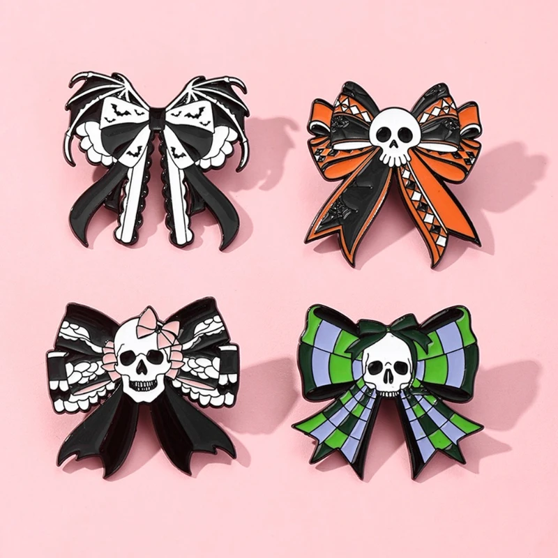 New Style Halloween Skull Bow Design Brooch Plaid Alloy Enamel Oil Drop Badge Pin DIY Clothing Bags Hat Scarf T-shirt Accessory