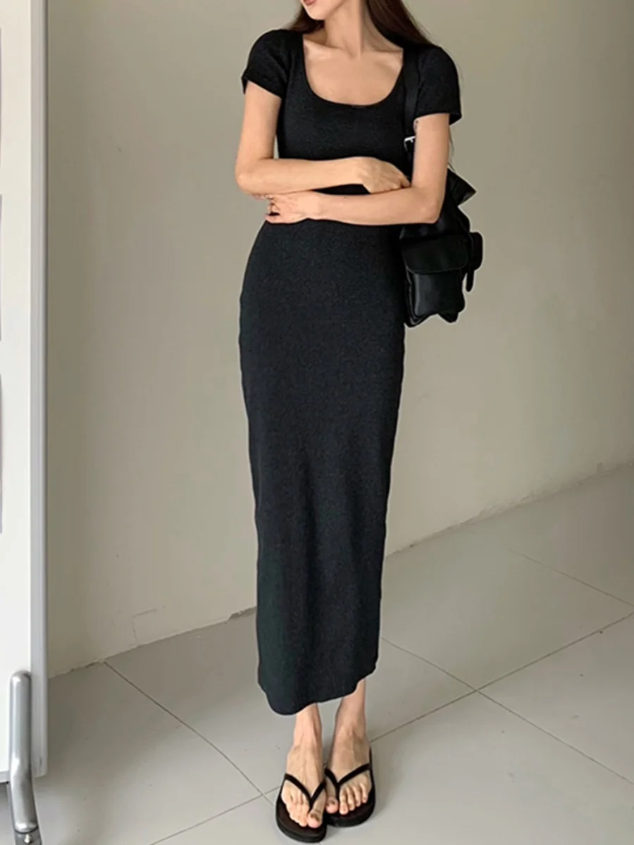 Sexy Low-Ne Midi Dr Femmes Été Or Sve T-shirt Jupe Serrée Élastique Bout Ouverts Couche de Base Or Jupe Coton Poly...