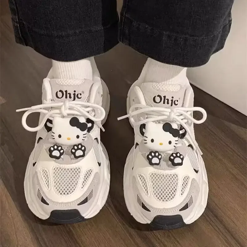 Cartoon Sanrio Women's Casual Slip on Sneakers Breathable Flying Woven Mesh Upper Jogging Shoes Anime New Hello Kitty Shoes