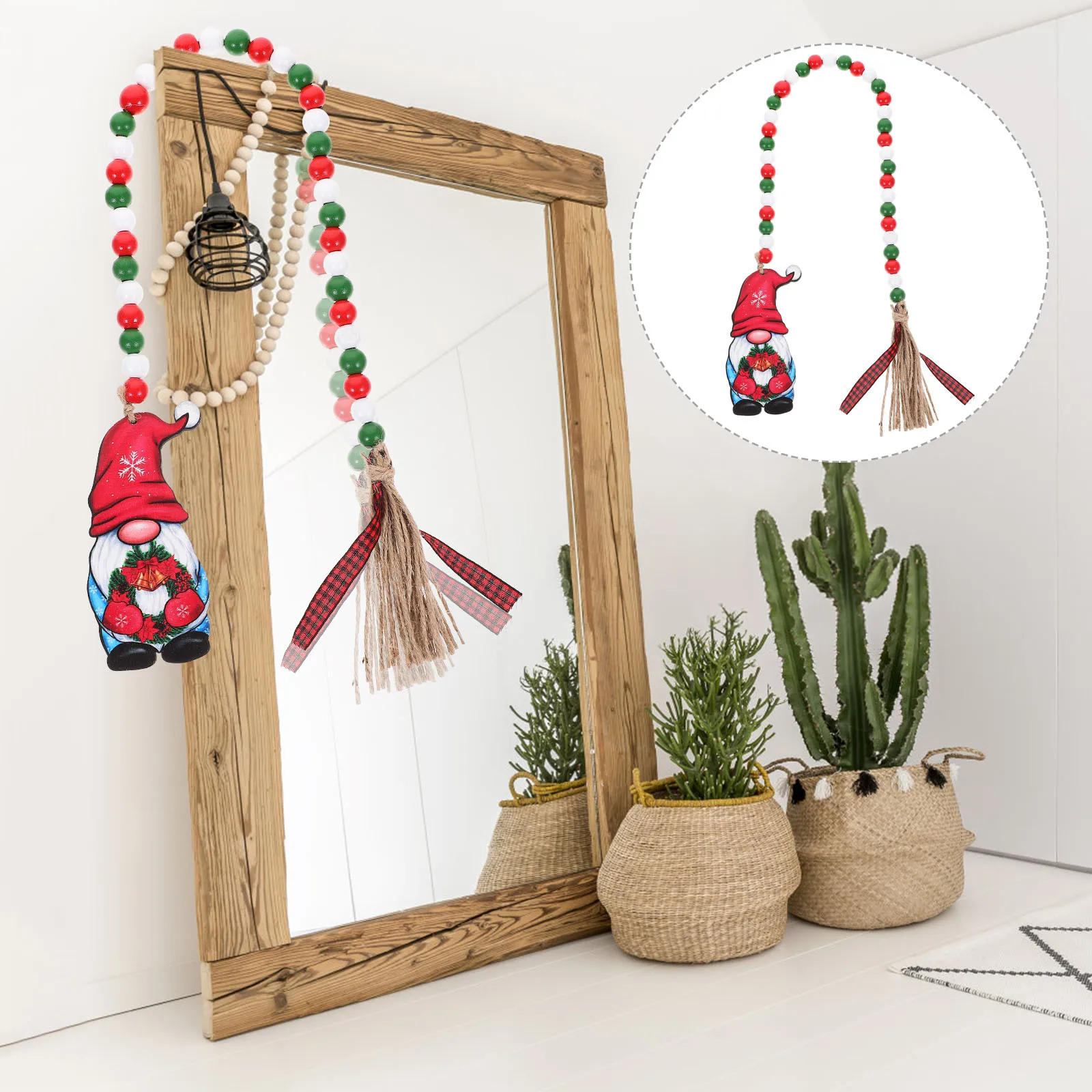 

Christmas Santa Wooden Bead Pendant Hanging Decor Tassel Wood Bead Ornament for Car Xmas Home Decoration Christmas Decor
