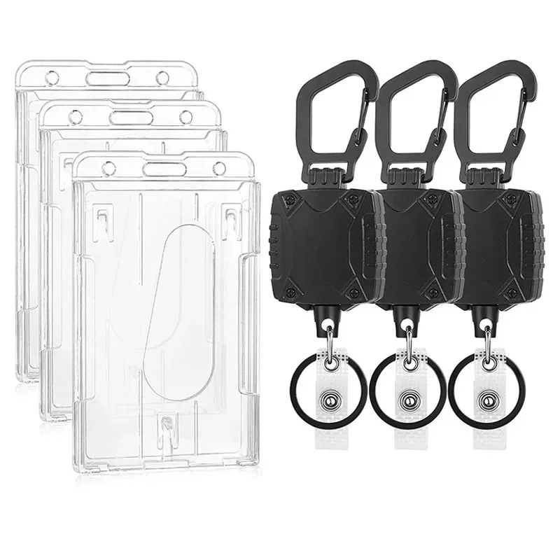 transparente vertical dual card holder heavy duty outdoor keychain gancho id badge cordao preto porta credencial buckle 01