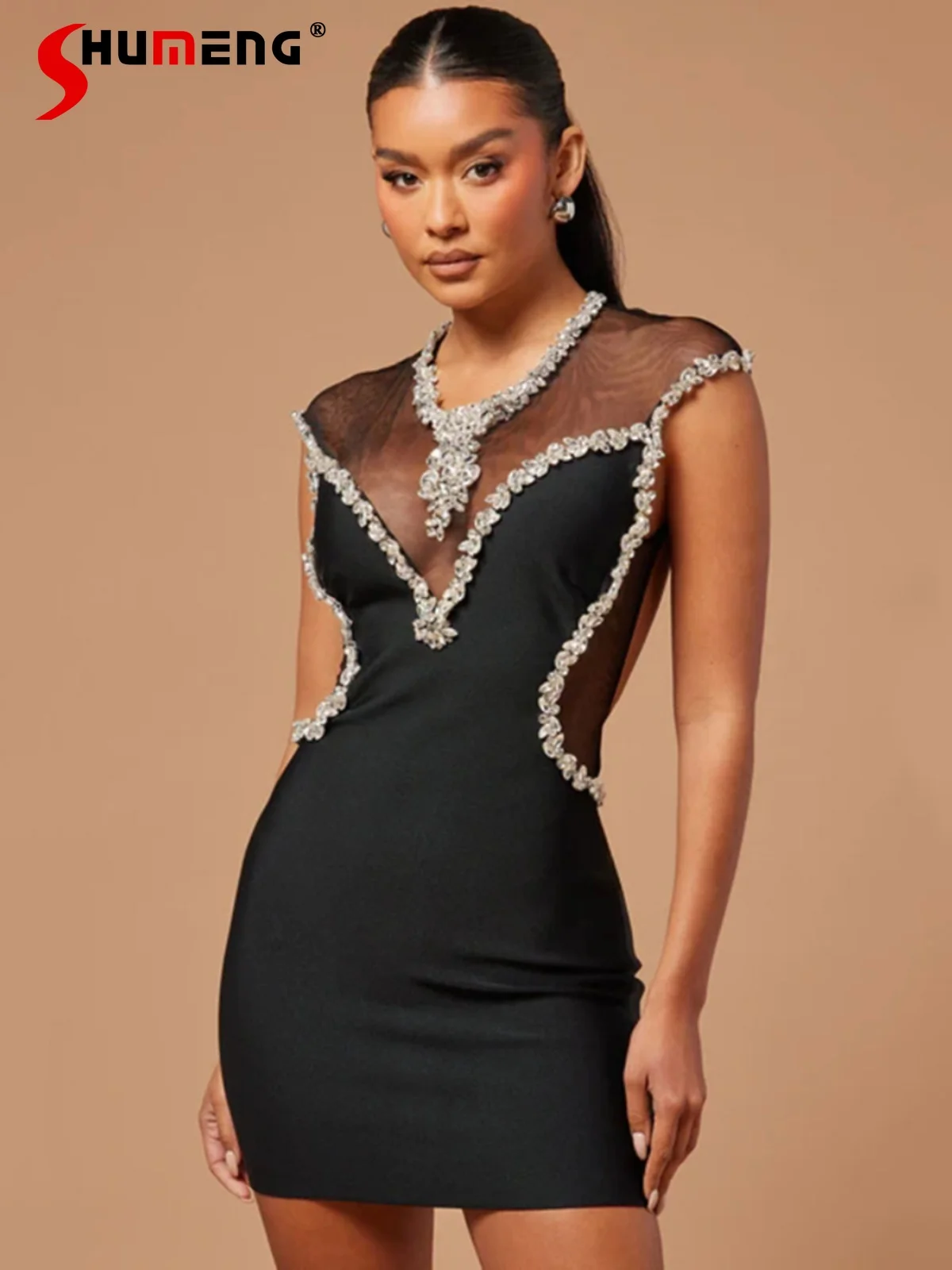 

Summer 2024 Sexy Mesh Diamond Stitching Dresses Backless Tight Elastic Hip Short Skirt Sleeveless Round Neck Women's Dress