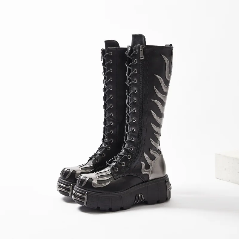 

New Ladies Punk Style Round Head Metal Platform Women's Boots High Street Ladies Platform Lace-up Riding Boots Women's Boots