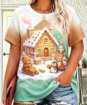 Women Aurora Winter Animal Graphic T‑Shirt, Polar Bear Fox Rabbit Snow Scene Print Casual Sleeve Tee for Xmas Holiday Daily Wear